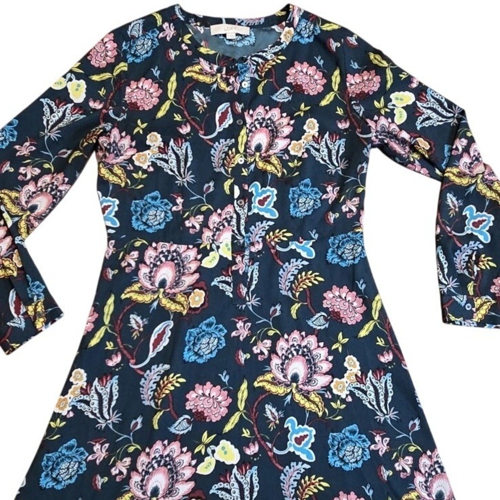 LOFT‎ Floral Print Long Sleeve Shirt Button Neck A-Line Dress Size 8